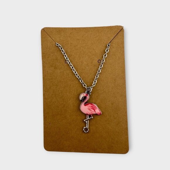 Pink Flamingo Enamel Necklace Diamond Cut Stainless Steel Chain - Picture 8 of 11